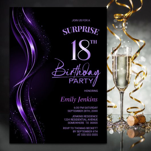 Invitation Surprise Black Purple 18e fête d'anniversaire