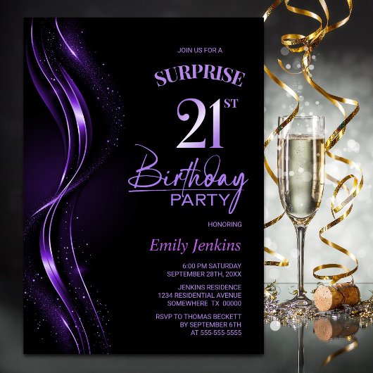 Invitation Surprise Black Purple 21e fête d'anniversaire