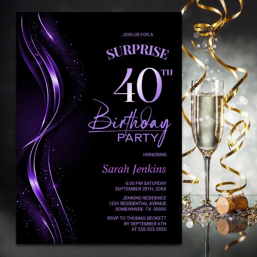 Invitation Surprise Black Purple 40e fête d'anniversaire