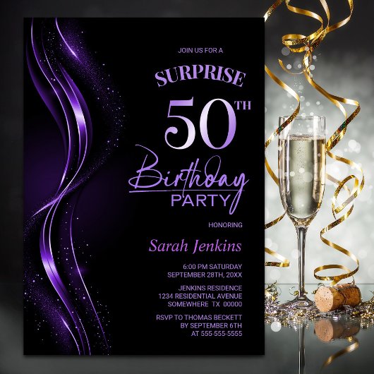 Invitation Surprise Black Purple 50e fête d'anniversaire