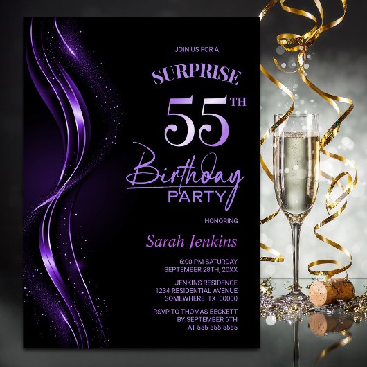 Invitation Surprise Black Purple 55e fête d'anniversaire