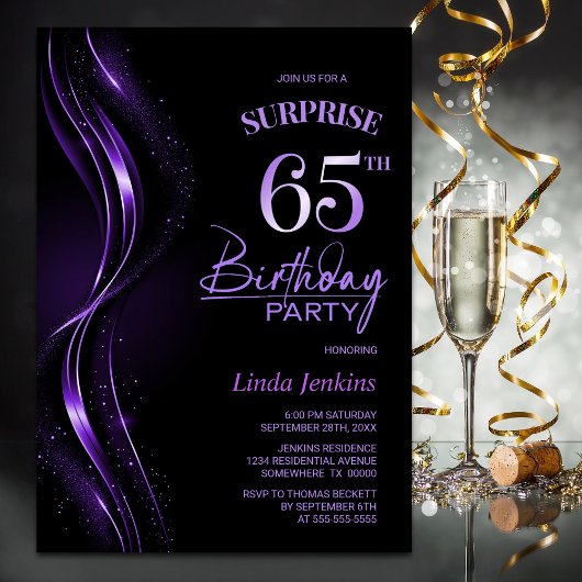 Invitation Surprise Black Purple 65e fête d'anniversaire