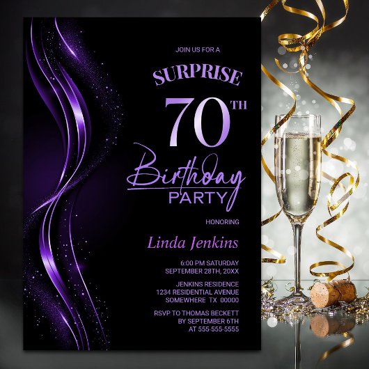 Invitation Surprise Black Purple 70e fête d'anniversaire