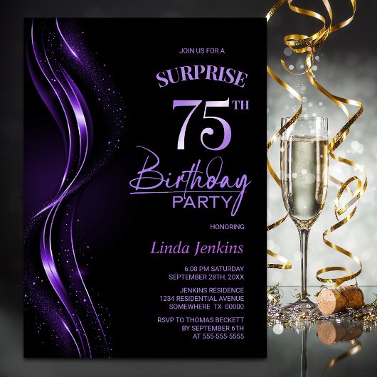 Invitation Surprise Black Purple 75e anniversaire fête