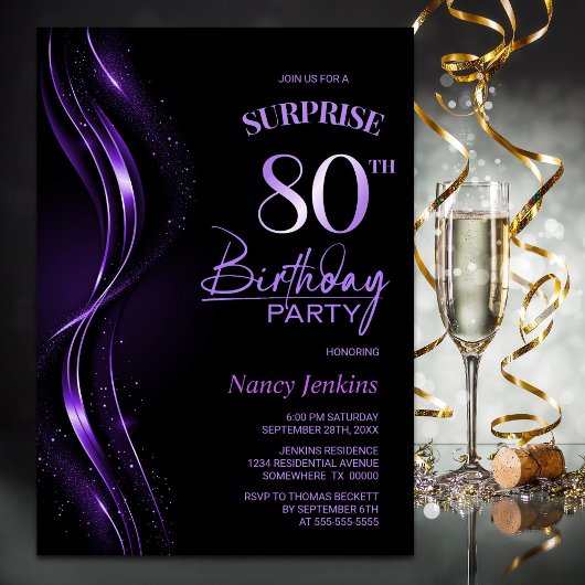 Invitation Surprise Black Purple 80e fête d'anniversaire