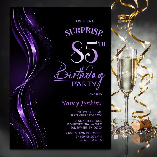 Invitation Surprise Black Purple 85e fête d'anniversaire