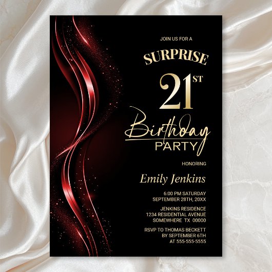Invitation Surprise Black Red 21st Birthday Party