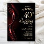 Invitation Surprise Black Red 40th Birthday Party<br><div class="desc">Cette invitation moderne de 40e anniversaire en noir et rouge donne le ton parfait pour une fête surprise. Personnalisez facilement votre invitation avec le nom de l'invité d'honneur, les détails de la fête et les informations sur le lieu en quelques clics seulement. Vous serez en mesure de créer une nuit...</div>
