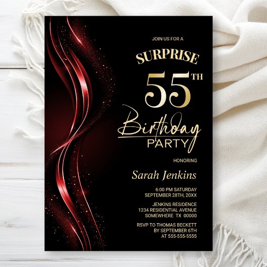 Invitation Surprise Black Red 55th Birthday Party
