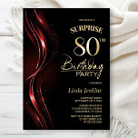Invitation Surprise Black Red 80th Birthday Party<br><div class="desc">Cette invitation moderne de 80e anniversaire en noir et rouge donne le ton parfait pour une fête surprise. Personnalisez facilement votre invitation avec le nom de l'invité d'honneur, les détails de la fête et les informations sur le lieu en quelques clics seulement. Vous serez en mesure de créer une nuit...</div>