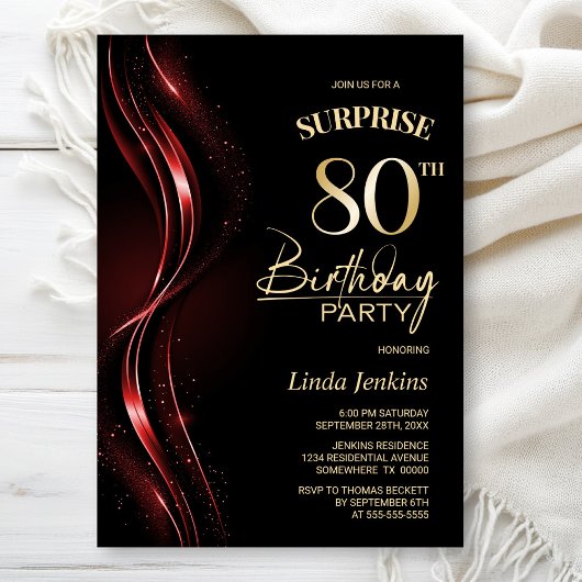 Invitation Surprise Black Red 80th Birthday Party