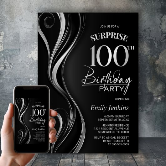 Invitation Surprise Black Silver 100e fête d'anniversaire