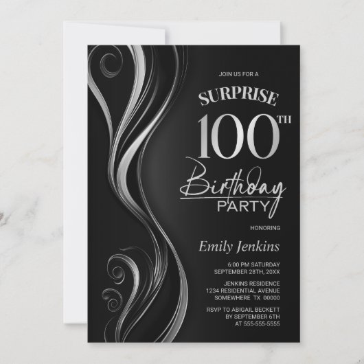 Invitation Surprise Black Silver 100e fête d'anniversaire (Devant)