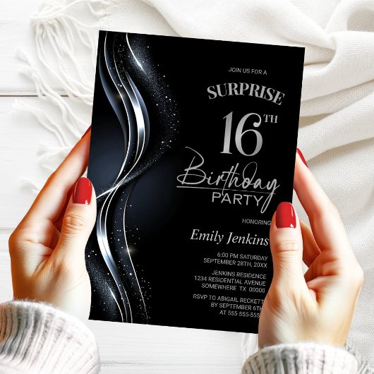 Invitation Surprise Black Silver 16e fête d'anniversaire