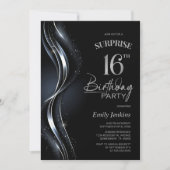 Invitation Surprise Black Silver 16e fête d'anniversaire (Devant)
