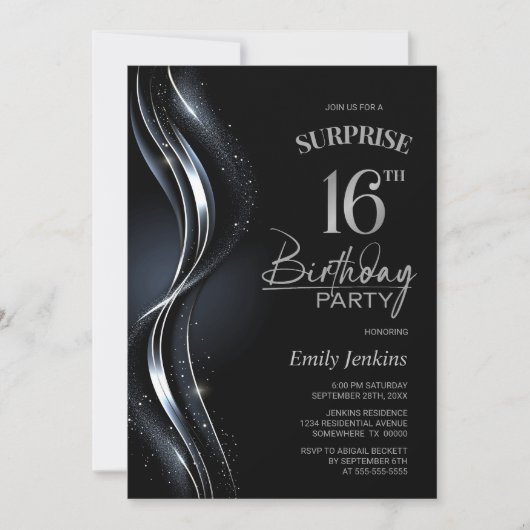 Invitation Surprise Black Silver 16e fête d'anniversaire (Devant)
