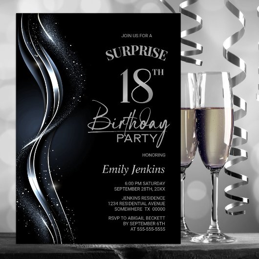 Invitation Surprise Black Silver 18e fête d'anniversaire