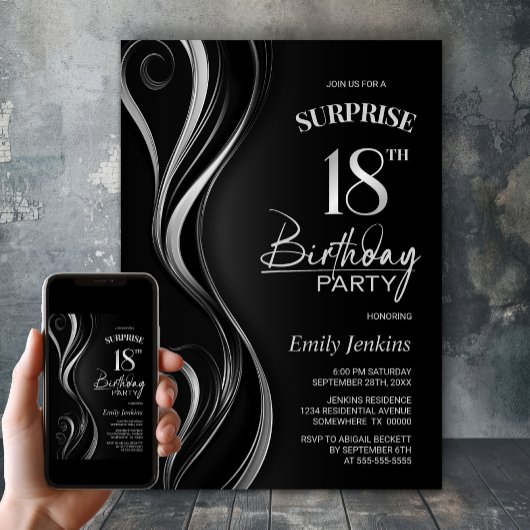 Invitation Surprise Black Silver 18e fête d'anniversaire