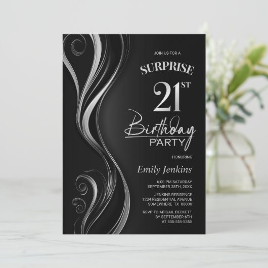 Invitation Surprise Black Silver 21e fête d'anniversaire (Debout devant)