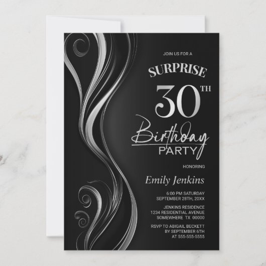 Invitation Surprise Black Silver 30e fête d'anniversaire (Devant)