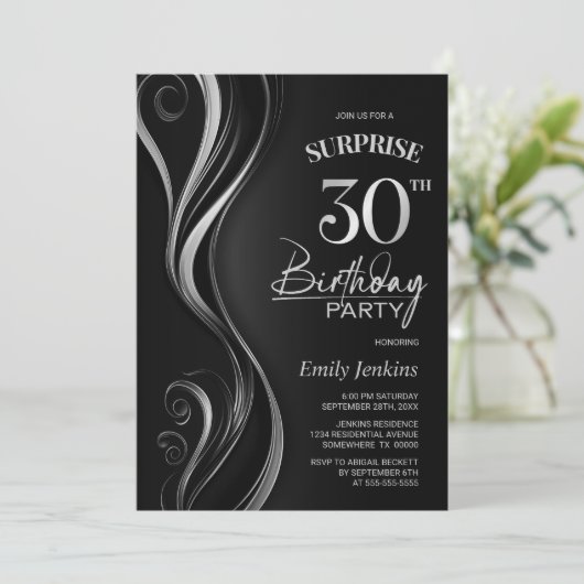 Invitation Surprise Black Silver 30e fête d'anniversaire (Debout devant)