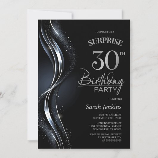 Invitation Surprise Black Silver 30e fête d'anniversaire (Devant)