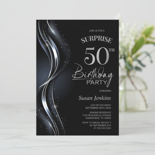Invitation Surprise Black Silver 50e fête d'anniversaire (Debout devant)