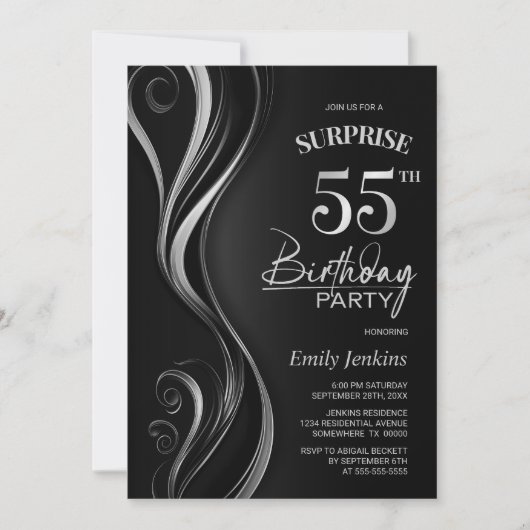 Invitation Surprise Black Silver 55e fête d'anniversaire (Devant)