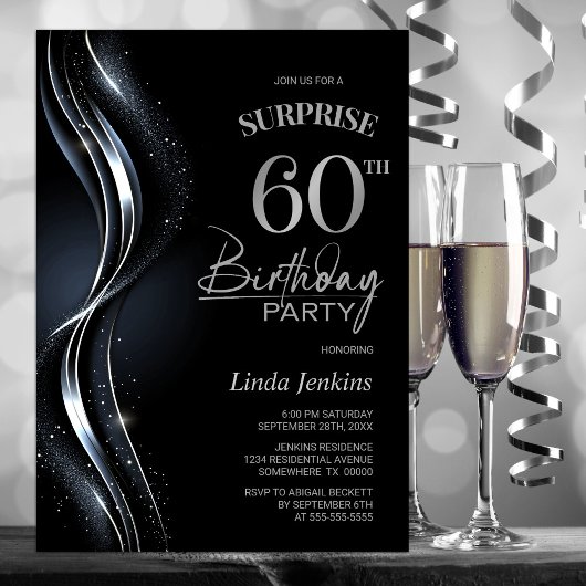 Invitation Surprise Black Silver 60e fête d'anniversaire