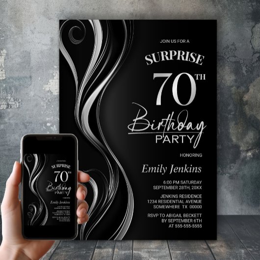 Invitation Surprise Black Silver 70e fête d'anniversaire