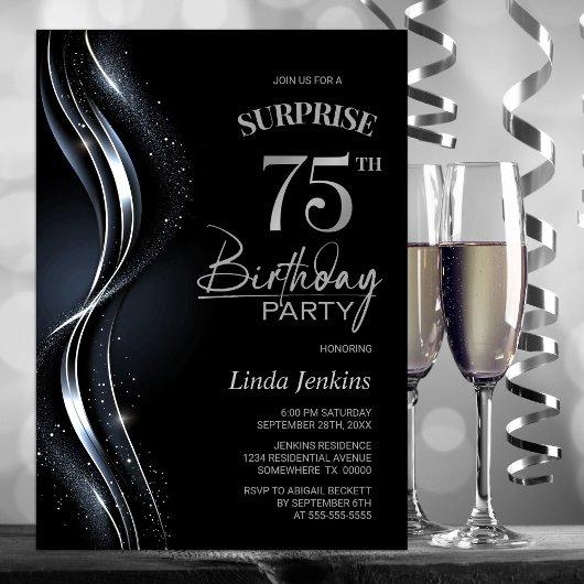 Invitation Surprise Black Silver 75e fête d'anniversaire