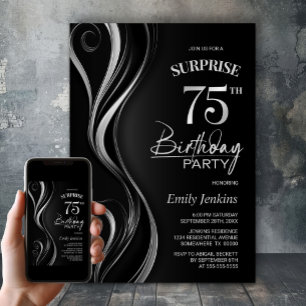 Invitation Surprise Black Silver 75e fête d'anniversaire