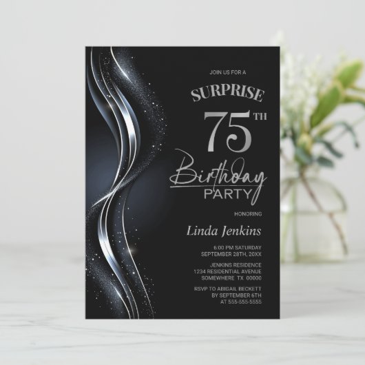 Invitation Surprise Black Silver 75e fête d'anniversaire (Debout devant)