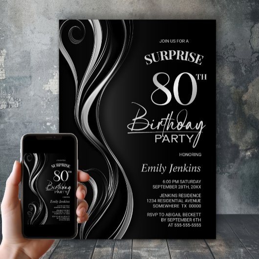 Invitation Surprise Black Silver 80e fête d'anniversaire