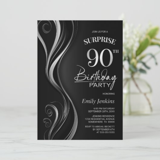 Invitation Surprise Black Silver 90e fête d'anniversaire (Debout devant)