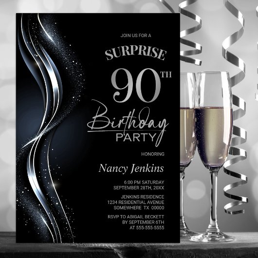 Invitation Surprise Black Silver 90e fête d'anniversaire