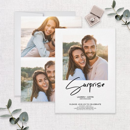 Invitation Surprise Black & White 3 Photo Engagement Party