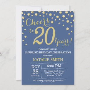 Invitation Surprise Blue et Or 20e Anniversaire Diamant