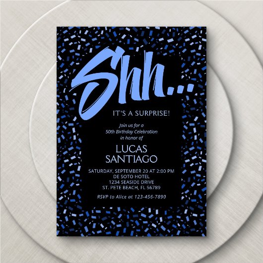 Invitation Surprise Blue Hommes Confetti Anniversaire