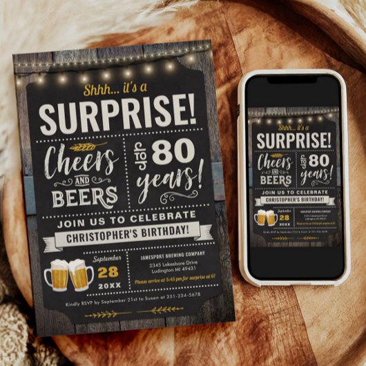 Invitation Surprise Cheers and Beers 80e anniversaire Invitat