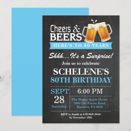 Invitation Surprise Cheers and Beers 80e anniversaire Invitat (Devant / Derrière)