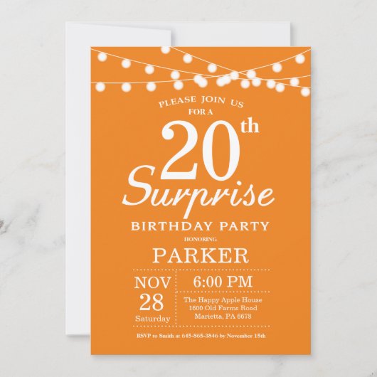 Invitation surprise d'anniversaire 20 ans Orange (Devant)