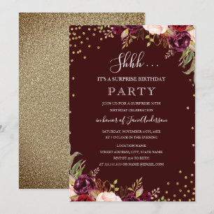 Invitation Surprise d'anniversaire confettis dorés Floral bor