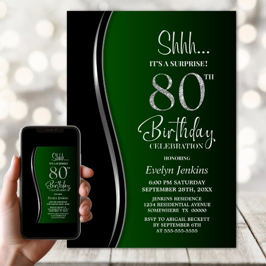 Invitation Surprise de 80 ans noir et vert