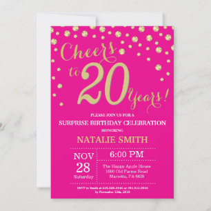 Invitation Surprise de diamant rose chaud et or pour 20e anni