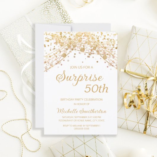 Invitation Surprise de Glitter Or Blanc 50e Anniversaire