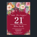 Invitation Surprise de la florale rouge de Bourgogne 21e anni<br><div class="desc">Bourgogne Red Floral Surprise 21e Anniversaire Invitation pour femmes. Fleur florale aquarelle. Arrière - plan rouge de Bourgogne. Rose, Jaune, Orange, Fleur Violet. Anniversaire adulte. 13e 15e 16e 18e 20e 21e 30e 40e 50e 60e 70e 80e 90e 100e, n'importe quel âge. Pour plus de personnalisation, cliquez sur le bouton "Customiser"...</div>
