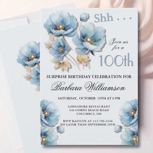 Invitation SURPRISE Elegant Blue Floral 100th Birthday