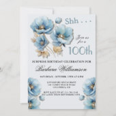 Invitation SURPRISE Elegant Blue Floral 100th Birthday (Devant)