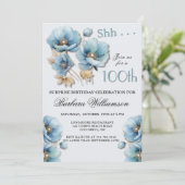 Invitation SURPRISE Elegant Blue Floral 100th Birthday (Debout devant)